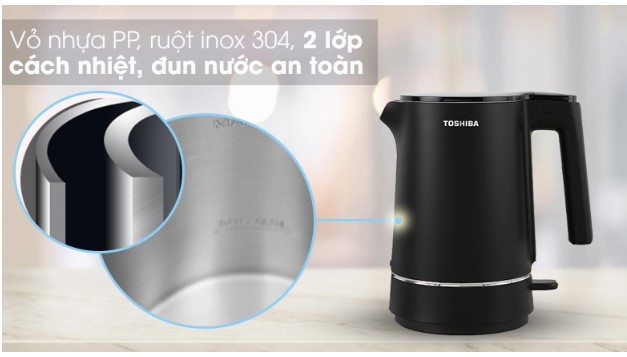 Vỏ nhựa PP, ruột ấm 304 2 lớp cách nhiệt của Ấm siêu tốc Toshiba KT-15DS1NV